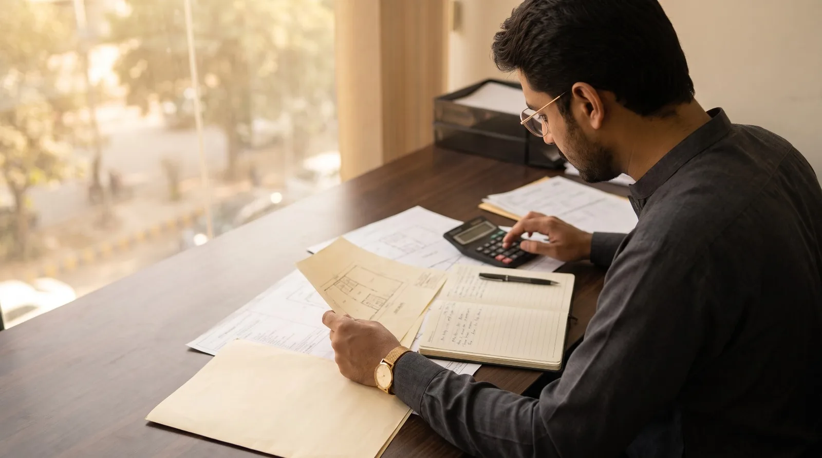 A representative buyer reviewing property documents and calculating figures at a desk.