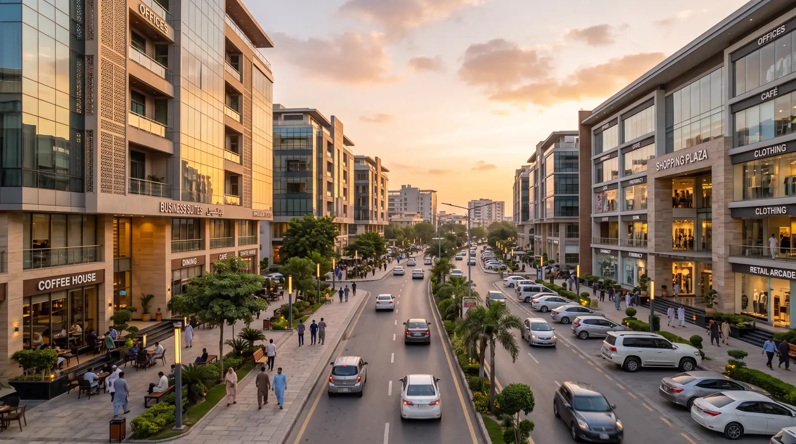 A commercial boulevard with shops, offices and cafes at a Lahore development