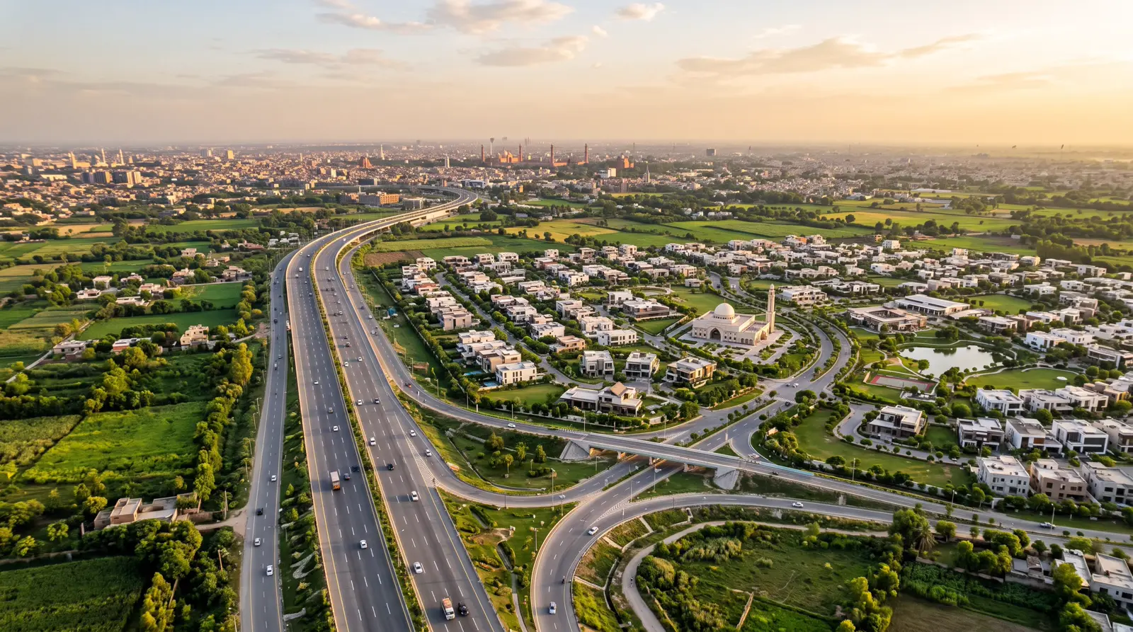 Aerial view of a major highway interchange and surrounding residential area near Lahore