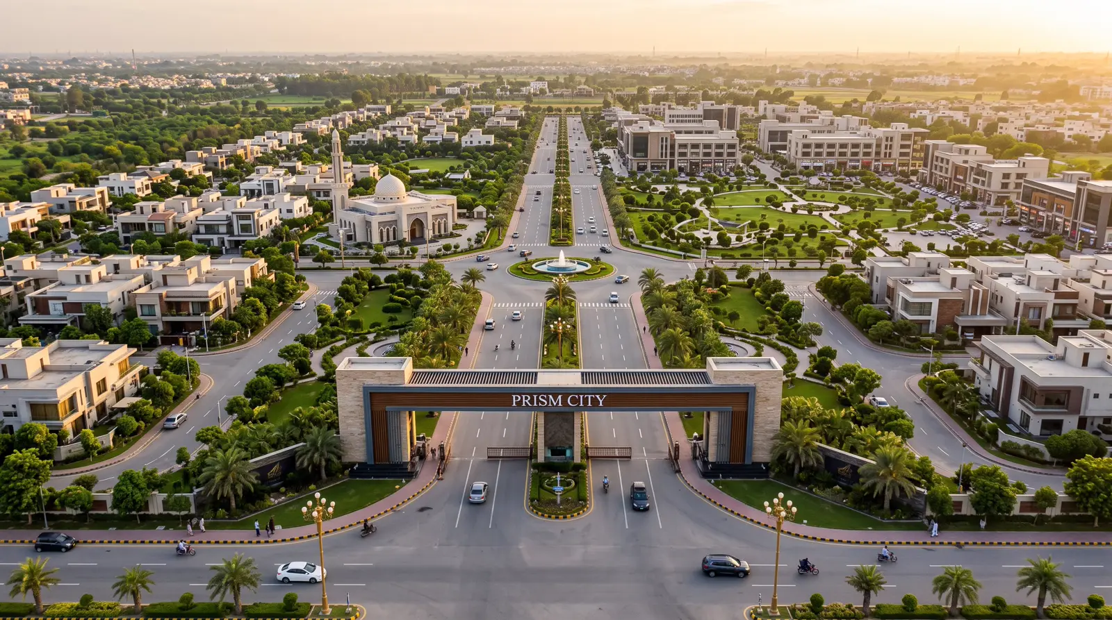 Aerial view of the Prism City Lahore entrance gate and surrounding community