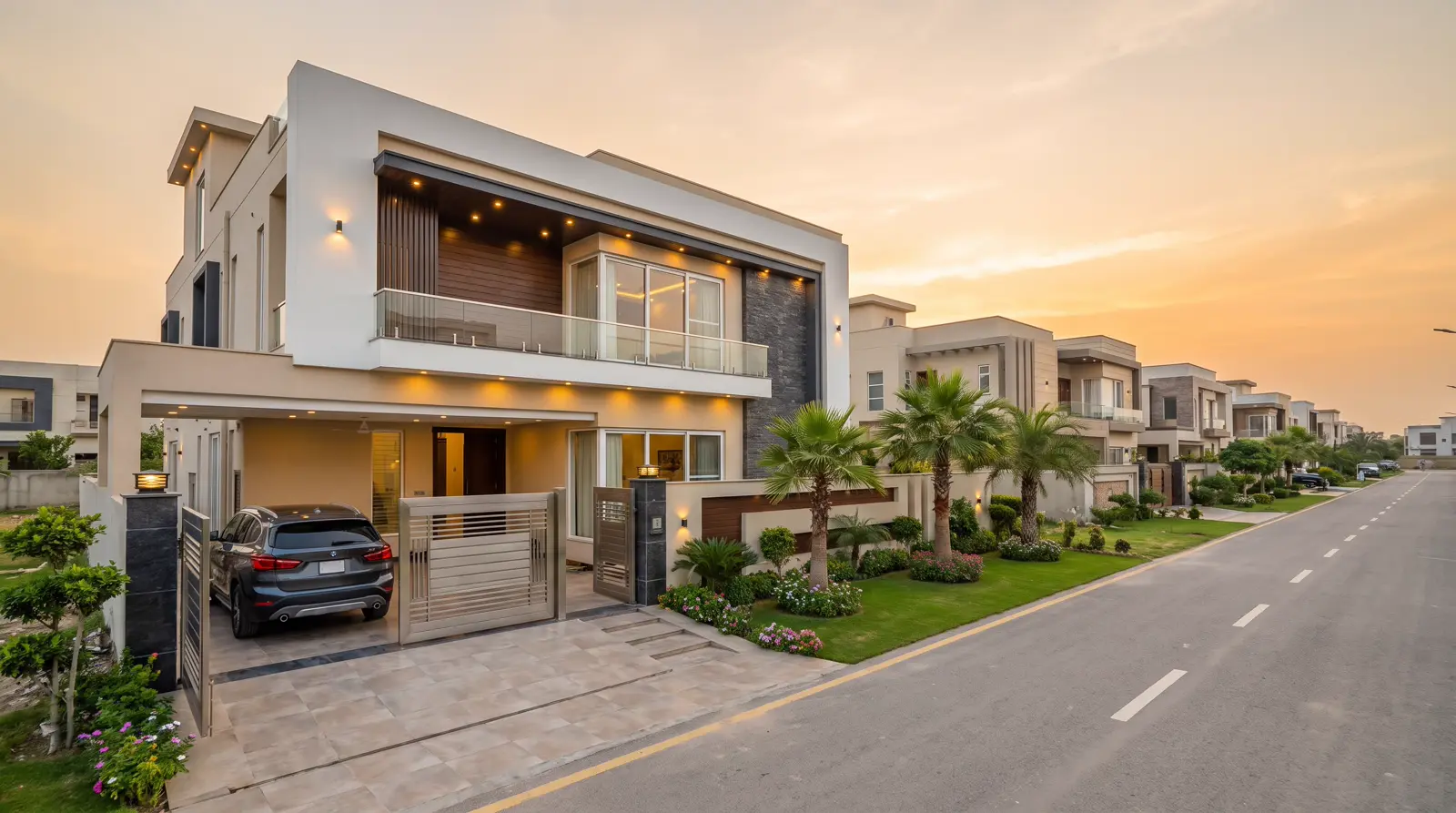A modern residential house on a tree-lined street at a Lahore housing development