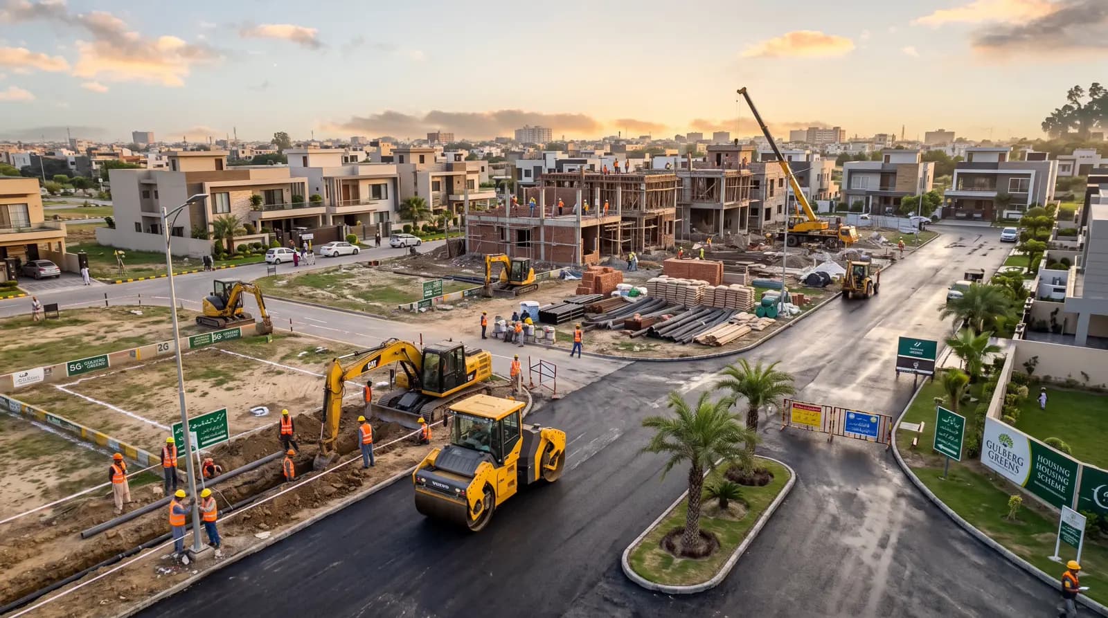 Active construction site with excavators, roller compactor and workers at a Lahore housing development