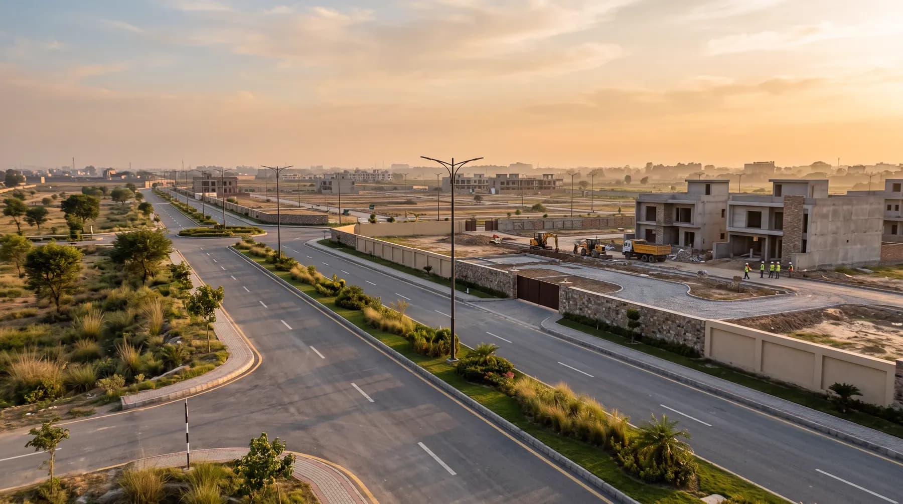 Aerial view of a boulevard at sunset with planted median gardens and street lights, houses under construction to one side and open plots beyond.