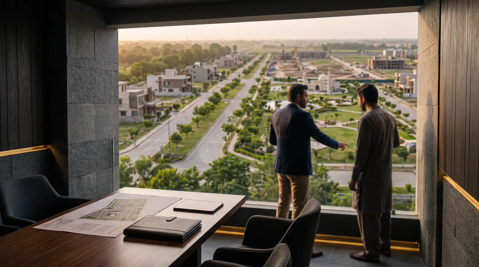 Two people at a large window in a modern planning office, looking out over a developed community with wide boulevards, greenery and homes, with property plans laid out on the meeting table in the foreground.